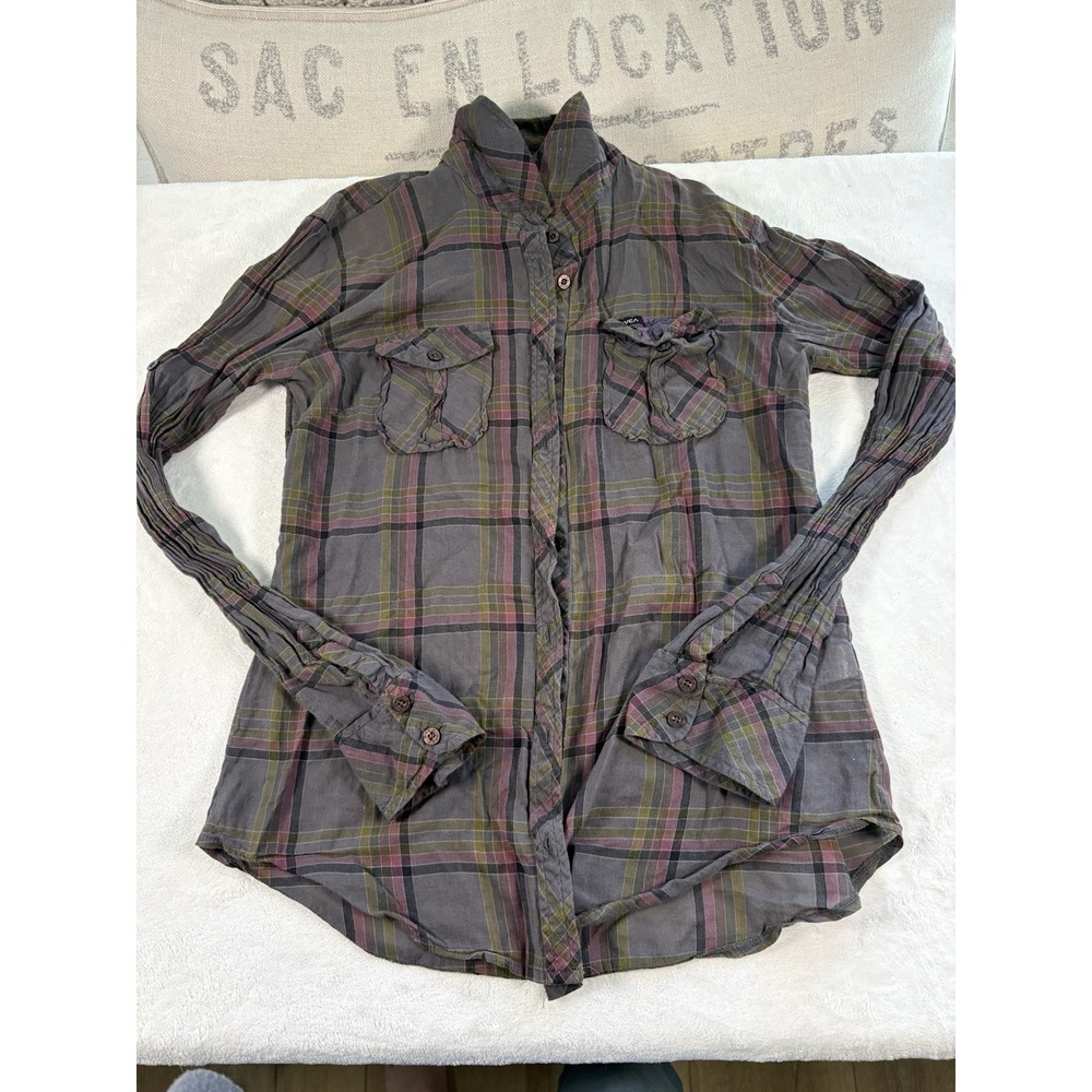 RVCA Women's Multicolor Plaid Long Sleeve Cuffed Button-Up Shirt Size Medium